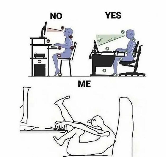 Person illustrating humorous computer posture in relatable memes comparison.