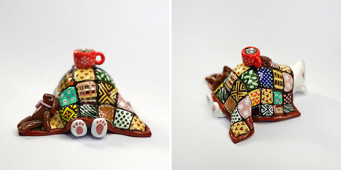 Pocket-sized animal figurine, crafted by Vallavica, featuring a colorful patchwork design with a small red mug on top.