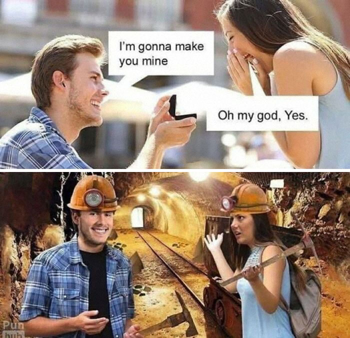 Couple in a literal meme about mining, wearing helmets in a mine, humorously portraying a proposal gone literal.