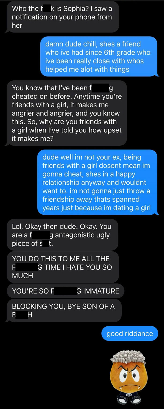 Text conversation showing a heated argument discussing friendship and trust issues.