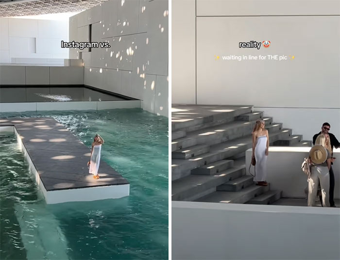 Instagram vs. reality humor showing a woman posing alone and then waiting with people for the perfect photo.