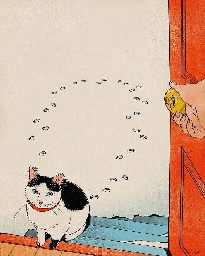 Illustration of a cat at an open door, with footsteps leading to a hand holding a key, by María Jesús Contreras.
