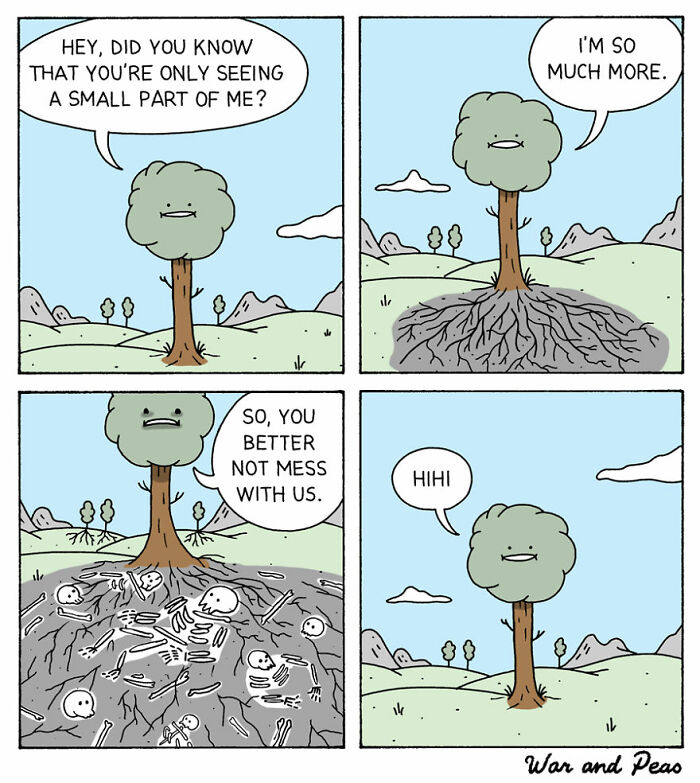 Comic panels showing a tree revealing dark twisted roots with skeletons underground in a funny dark twist comic style.