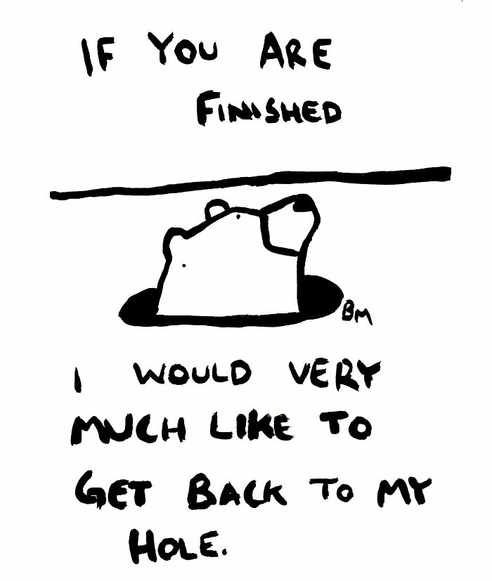 Cartoon bear drawing by Billy Murphy with text about returning to hole.