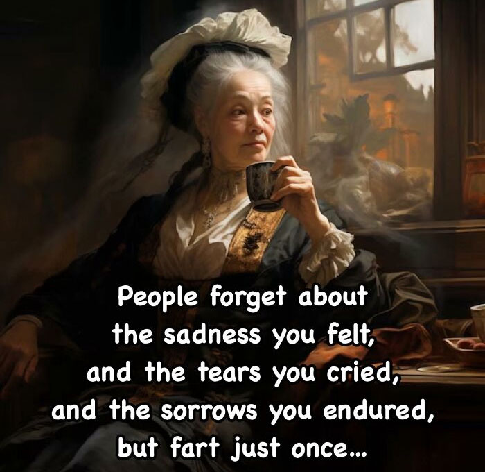 Elderly woman in classical painting sipping tea, with humorous modern meme text overlaying her contemplative expression.