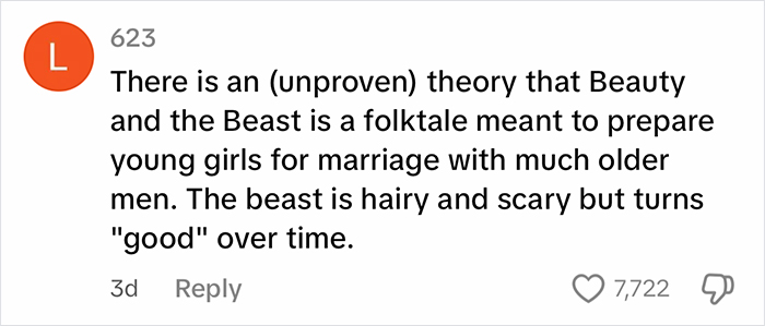 Comment discussing the theory behind beauty standards in fairy tales featuring a human female and a male beast.