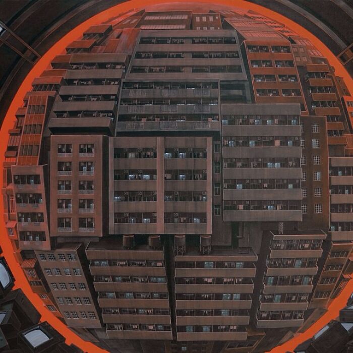 Surreal floating spheres depicting post-apocalyptic urban cities with detailed, dark, dystopian architectural structures.