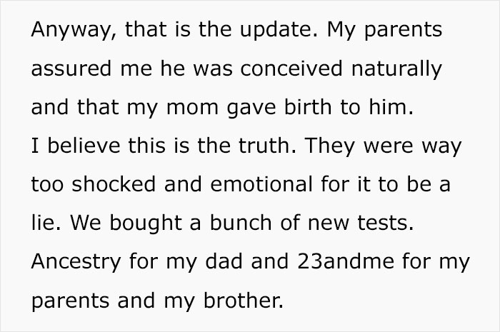 Text describes a family's shock from DNA test results and plans for further ancestry testing.