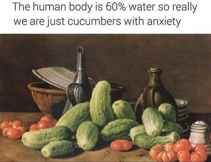 Cucumbers and jars on a table with a humorous text about anxiety and body water content. Unhinged memes theme.