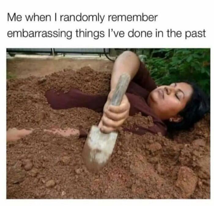 Woman humorously buried in dirt, holding a shovel, representing relatable memes.
