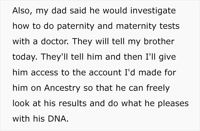 Text discussing paternity and maternity tests and DNA results for a family member.