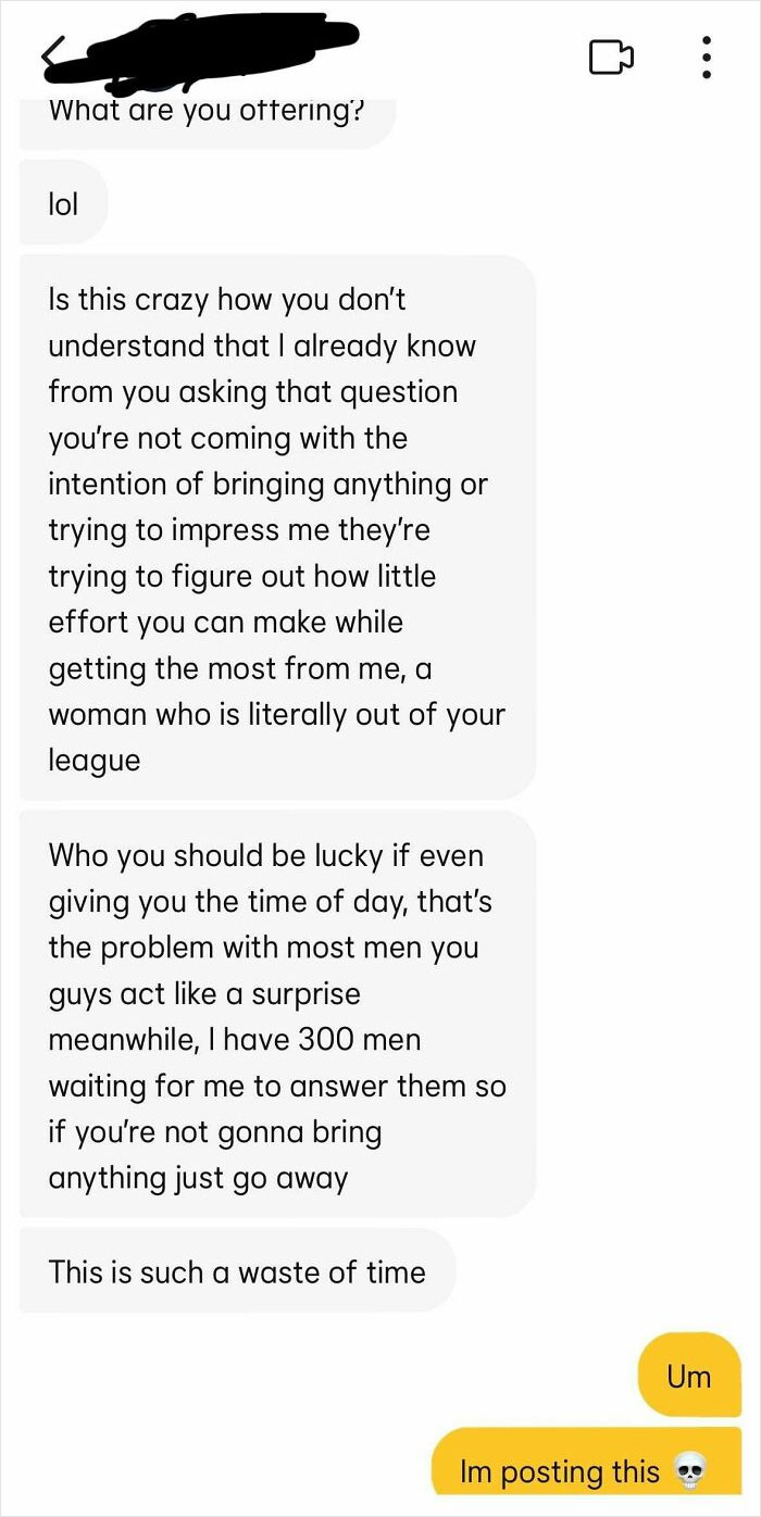 Chat screenshot with a woman expressing overconfidence and dismissing effort from others.