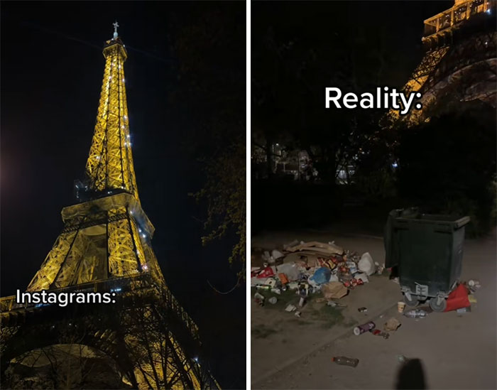 Instagram vs. reality: Eiffel Tower beautifully lit vs. nearby trash cans and litter at night.