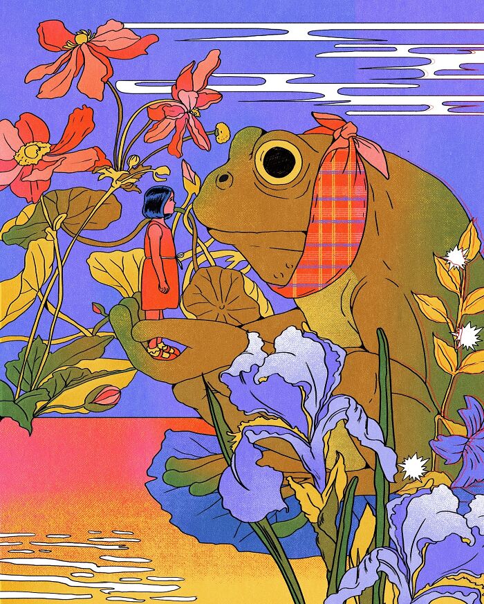 A vibrant illustration by María Jesús Contreras, featuring a girl and a large frog surrounded by colorful flowers.