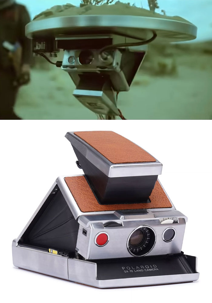 Creative use of a Polaroid SX-70 camera as a sci-fi prop.