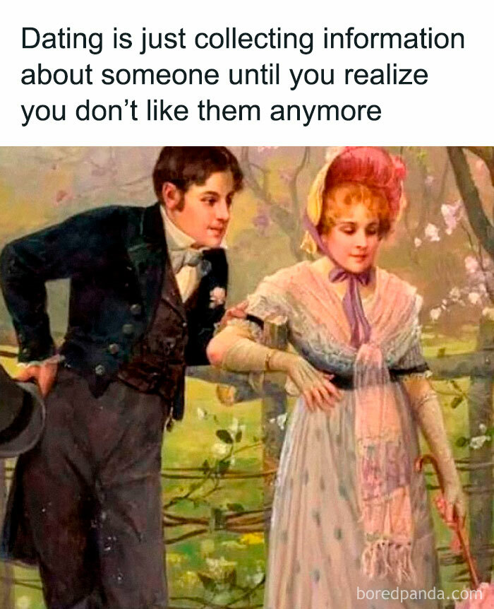 A classical painting with a humorous caption about dating, featuring a Victorian couple in a garden.