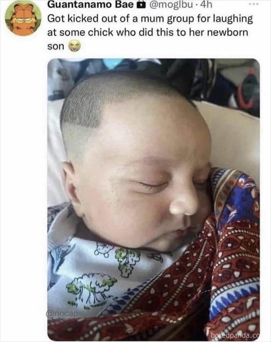 Baby with a grown-up style haircut, wrapped in a patterned blanket, from a series of funny memes called Girl Posts.