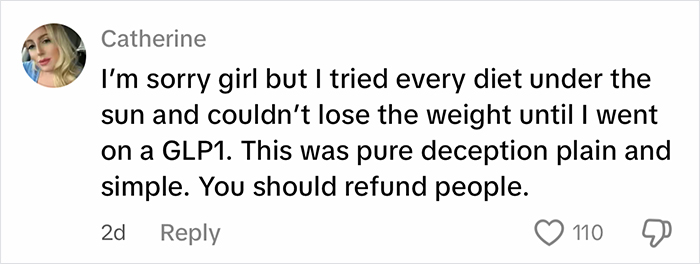 Comment from a user criticizing a fitness influencer’s weight loss claims, mentioning GLP1 and calling it deception. Comment from a user criticizing a fitness influencer’s weight loss claims, mentioning GLP1 and calling it deception.