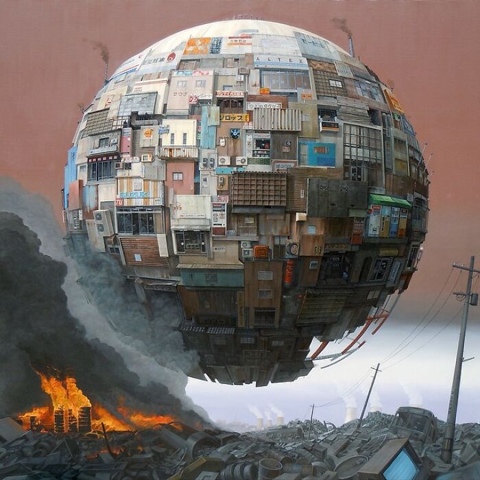 Surreal floating sphere made of post-apocalyptic urban city buildings hovers above fiery ruins and smoke in dystopian landscape.