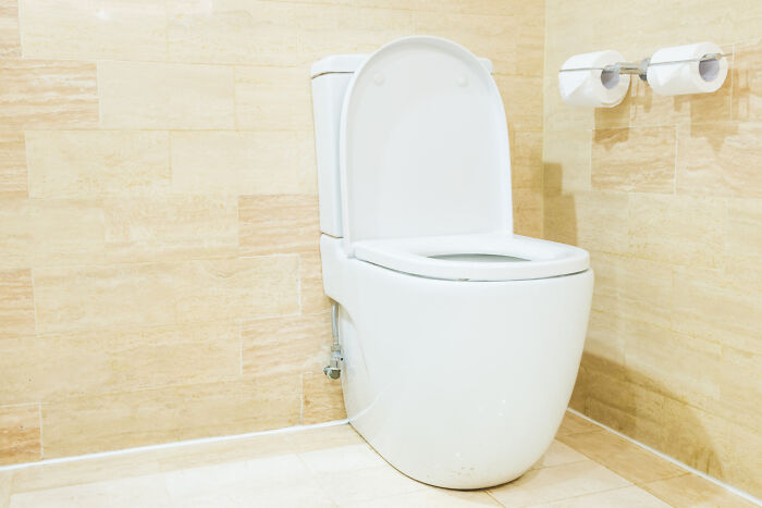 Bathroom with white toilet and two rolls of toilet paper, reflecting bizarre house rules feel.