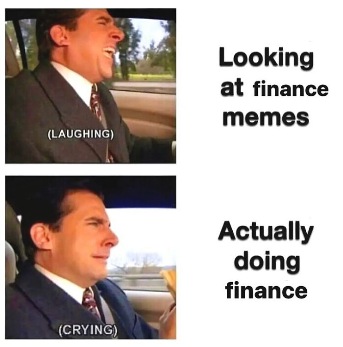 Man in a suit laughing at finance memes, then crying when doing finance work.
