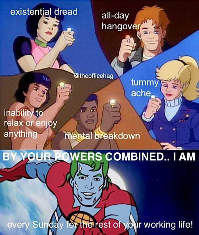 Five cartoon characters symbolizing work struggles like dread and burnout, forming "each Sunday" superhero.