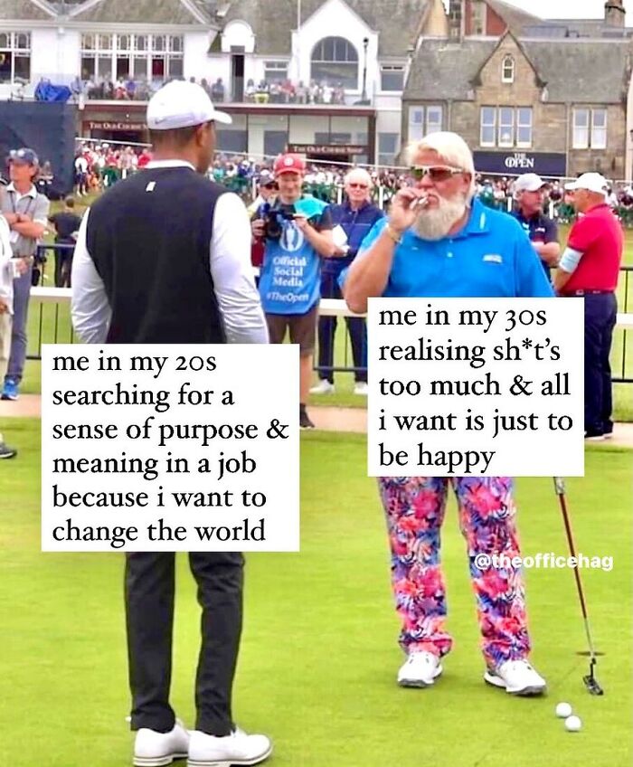 Two golfers in conversation, highlighting work memes about career purpose in 20s and happiness in 30s.