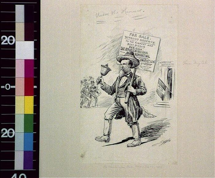 Black and white cartoon from the 1800s showing a man with a bell and a rifle, depicting historical lifestyle changes.