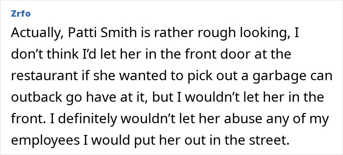 Text exchange criticizing punk rock legend Patti Smith's demeanor at NYC restaurants.