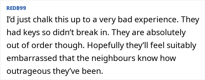 Text from a comment about neighbors causing chaos in a late mom's house, discussing the situation with others.