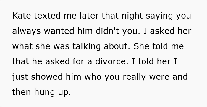 Text screenshot describing a conversation about a divorce and a revealing moment related to wedding anxiety.