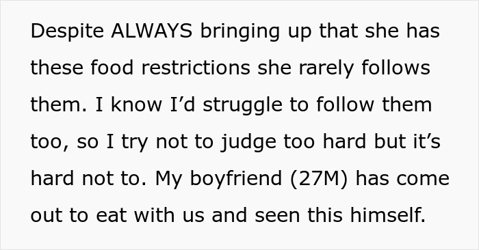 Text discussing food restrictions, with focus on diet inconsistencies witnessed by the narrator and her boyfriend.