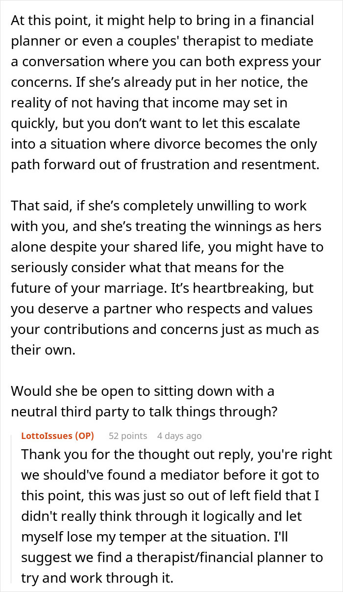 Discussion on sharing lottery winnings and marriage separation advice.
