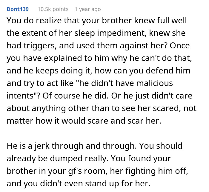 Text exchange about brother's prank on girlfriend, urging her boyfriend to defend her or consider a breakup.