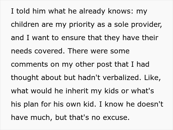 Text describing a woman's priority on her children over her boyfriend's expectations.