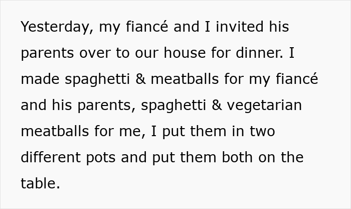 Text recounting dinner with fianc&eacute;'s parents, featuring spaghetti and vegetarian meatballs.
