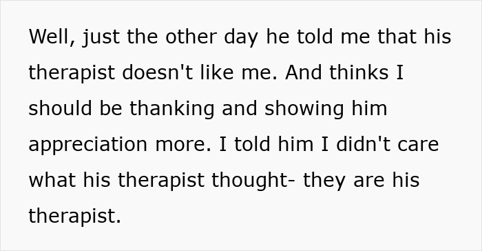 Text on a screen showing a husband sharing therapist advice with his wife about appreciation and homework in their relationship. Text on a screen showing a husband sharing therapist advice with his wife about appreciation and homework in their relationship.