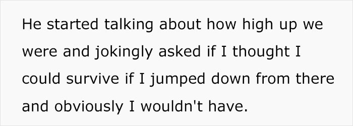 Text excerpt describing a prank where husband dangled wife over parking garage edge, leading to her going home.