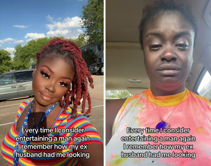 Person showing contrast in appearance when single versus in a relationship, highlighting differences in expression and demeanor.