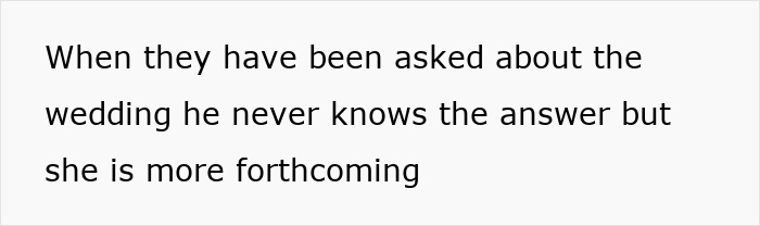 Text stating the groom is clueless about wedding details while the bride is more forthcoming.