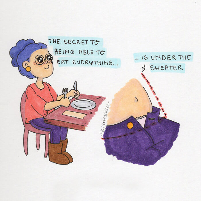Comic showing a person at a table, illustrating humorous everyday life with the secret of eating everything.