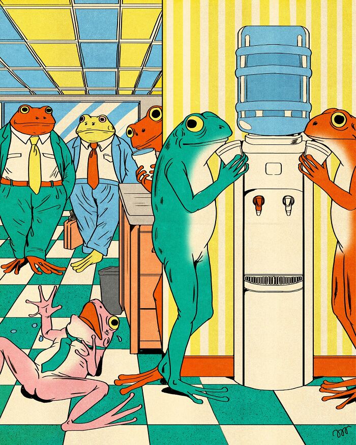 Frogs in office attire gather around a water cooler, illustrating a funny and relatable scene by María Jesús Contreras.