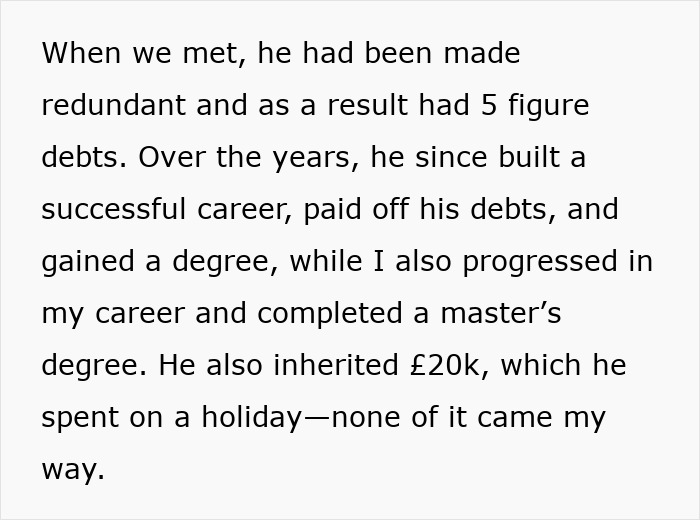 Text describing a 7-year relationship ending, mentioning a &pound;20k inheritance and career progress.