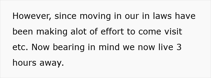 Text discussing efforts by in-laws to visit after moving in, despite living 3 hours away.