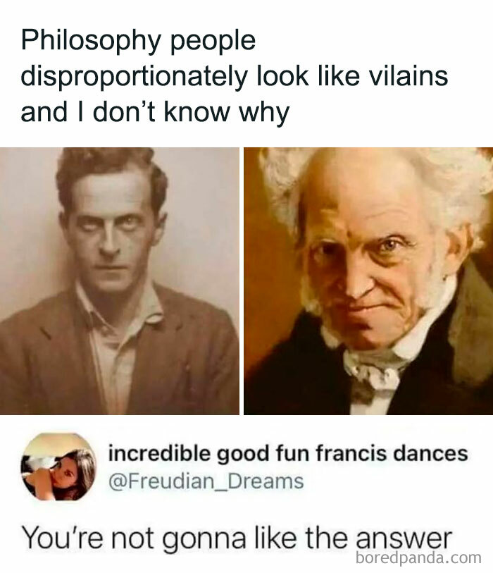 Philosophy meme with historical figures resembling villains, humorously questioning existence.