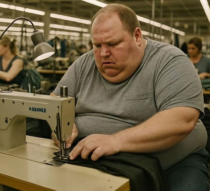 Man using sewing machine in a factory, representing impact of US tariffs in Chinese artist's video. Man using sewing machine in a factory, representing impact of US tariffs in Chinese artist's video.