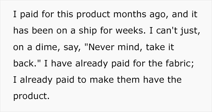 Text from a small business owner in the US expressing concerns about tariffs impacting her company&rsquo;s operations and expenses.