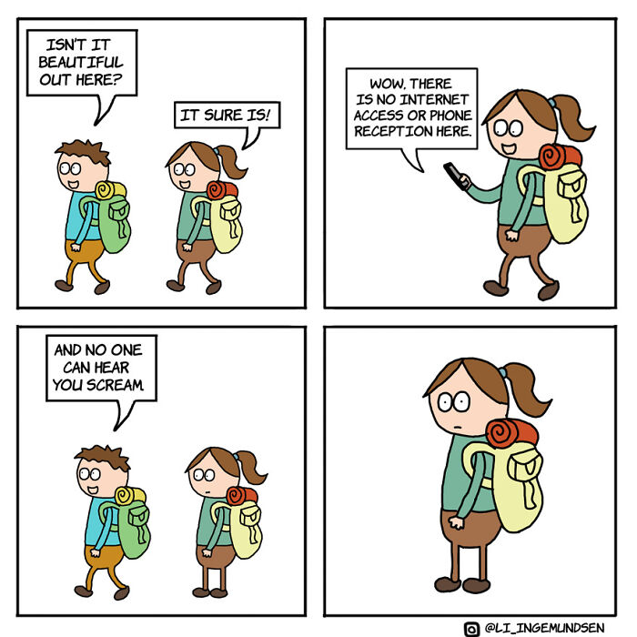 Two hikers enjoying nature realize no internet or phone signal, leading to a dark twist in this funniest comics with dark twists.