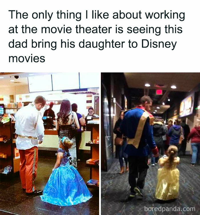 Dad in costume takes daughter to Disney movie, creating relatable parenting moment at cinema.
