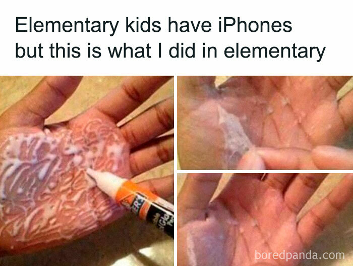 Hand covered in dried glue, peeling it off, evoking nostalgia and feeling old.